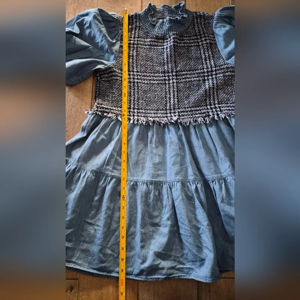 Zara Nwt Chambray Tweed A-Line Smocked Neck Puff Short Sleeve Sz Small